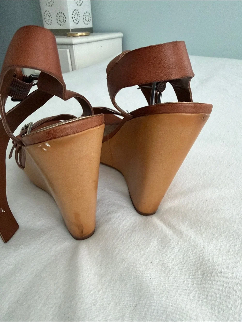 Women’s Brown Leather 5” Wedge Sandals with Buckle Straps